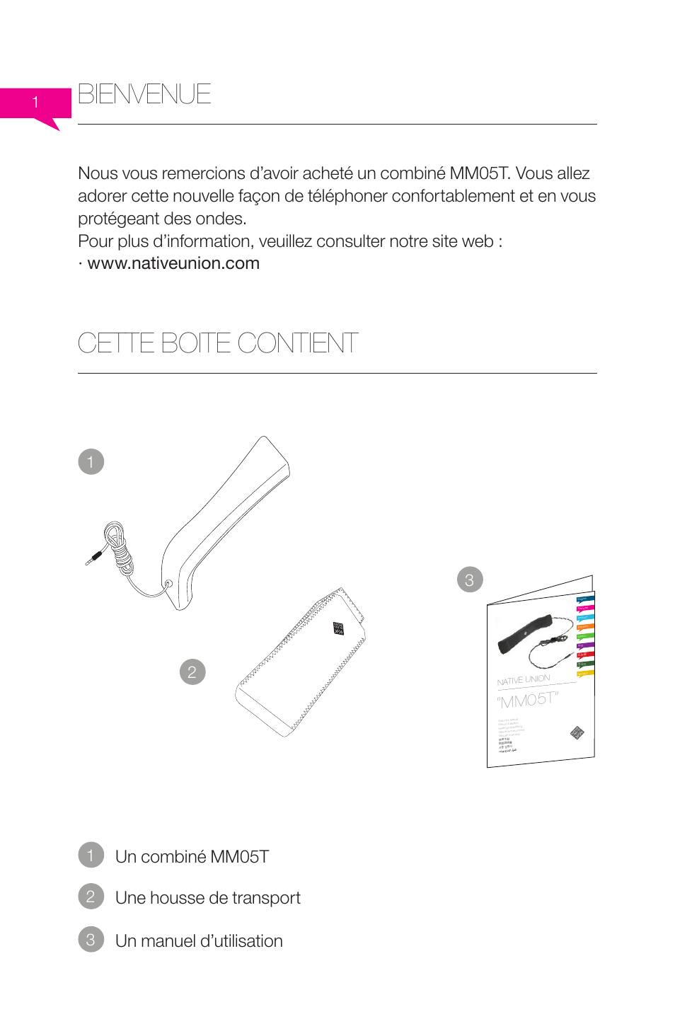 Bienvenue, Cette boite contient, Une housse de transport | Un manuel d’utilisation un combiné mm05t, Mm05t | Native Union Solo Traveller User Manual | Page 8 / 40