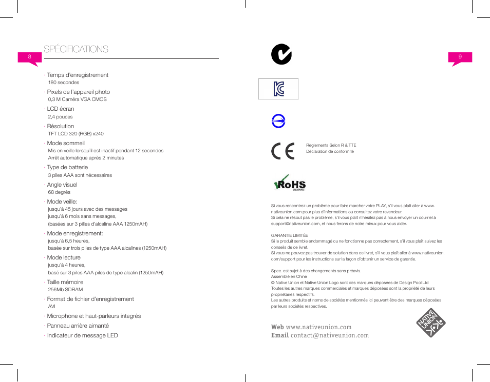 Spécifications | Native Union Play Video Memo User Manual | Page 11 / 45