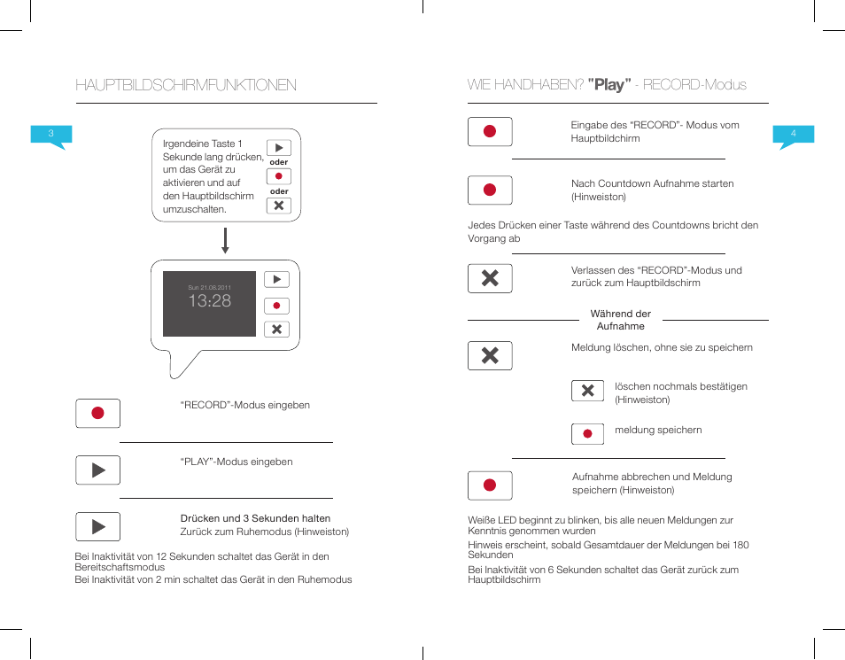 Hauptbildschirmfunktionen, 25 wie handhaben? - record-modus | Native Union Play Video Memo User Manual | Page 13 / 45