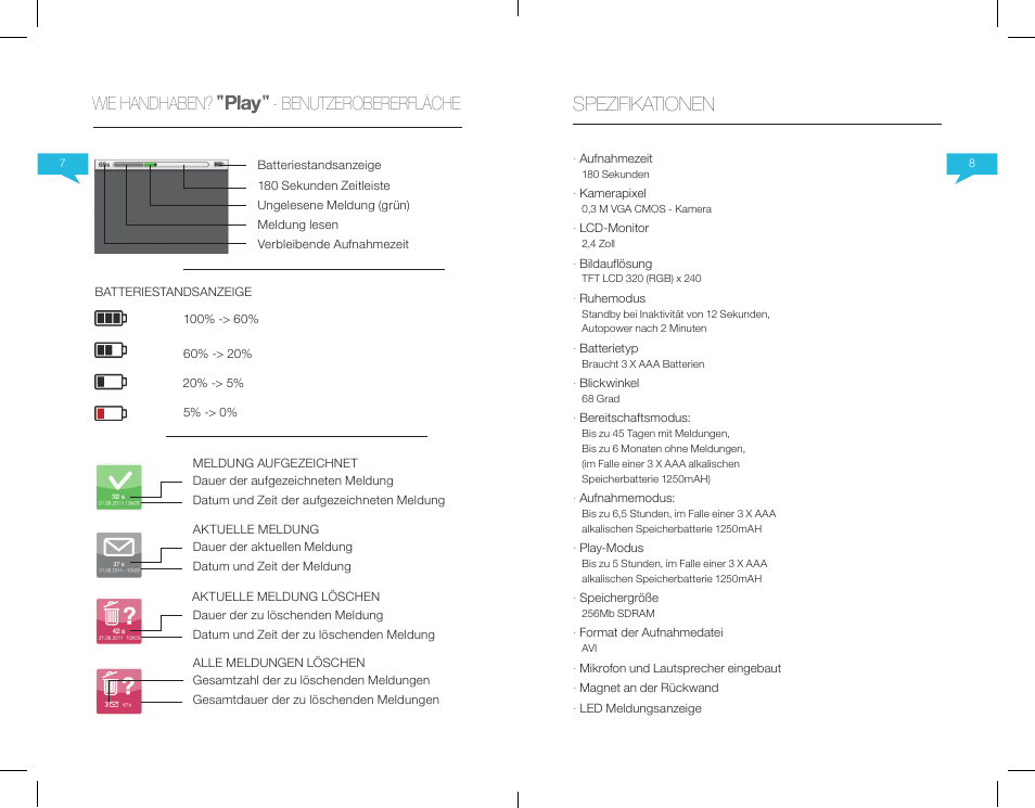 Spezifikationen, Wie handhaben? - benutzerobererfläche | Native Union Play Video Memo User Manual | Page 15 / 45