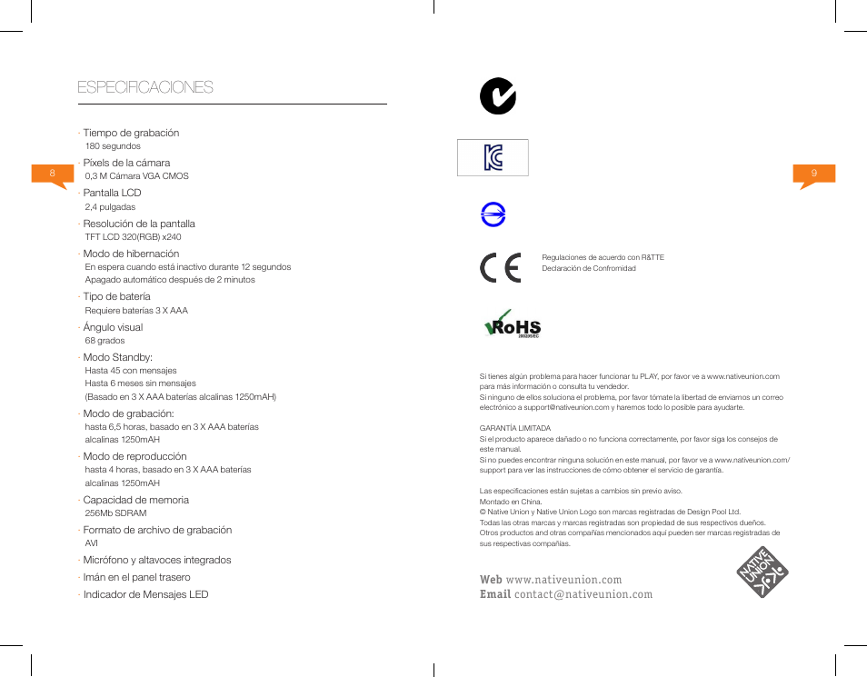 Especificaciones | Native Union Play Video Memo User Manual | Page 20 / 45