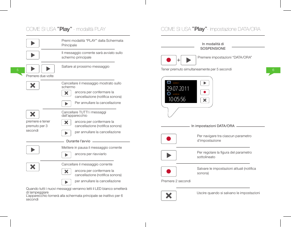 Come si usa - impostazione data/ora, Come si usa - modalità play | Native Union Play Video Memo User Manual | Page 23 / 45