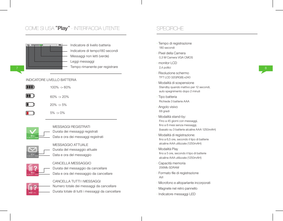 Specifiche, Come si usa - interfaccia utente | Native Union Play Video Memo User Manual | Page 24 / 45