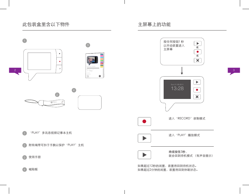 主屏幕上的功能, 此包装盒里含以下物件 | Native Union Play Video Memo User Manual | Page 26 / 45