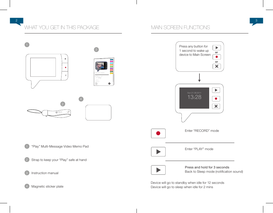 What you get in this package, Main screen functions | Native Union Play Video Memo User Manual | Page 3 / 45