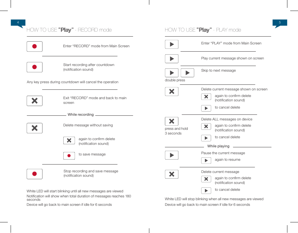 7how to use - record mode, How to use - play mode | Native Union Play Video Memo User Manual | Page 4 / 45