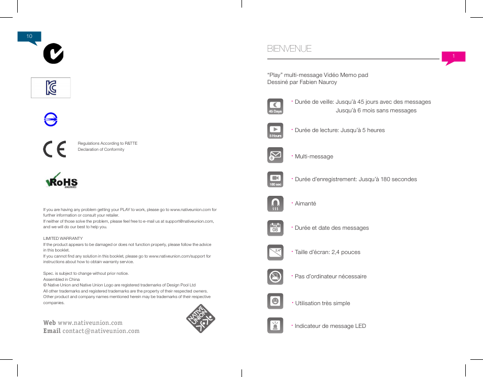 Bienvenue | Native Union Play Video Memo User Manual | Page 7 / 45