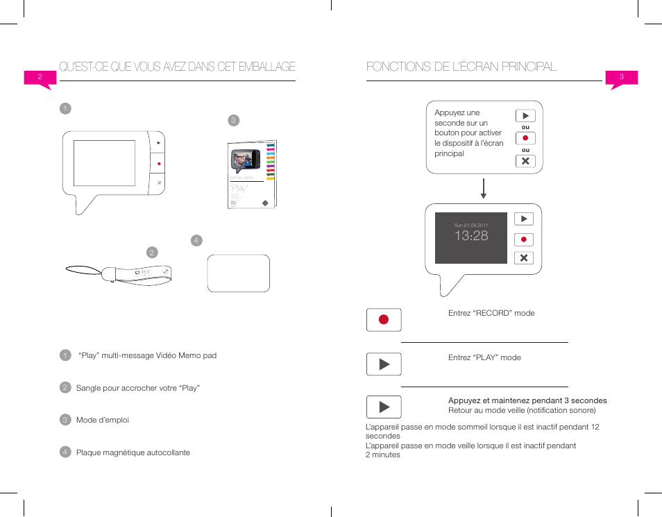 Qu’est-ce que vous avez dans cet emballage, Fonctions de l’écran principal | Native Union Play Video Memo User Manual | Page 8 / 45