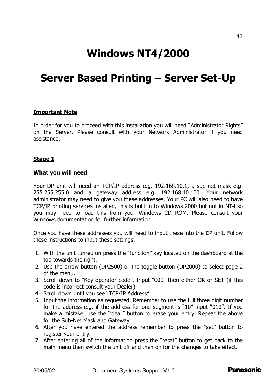 Winnt4/2000 server based print - server setup | Panasonic DP2000 User Manual | Page 17 / 44