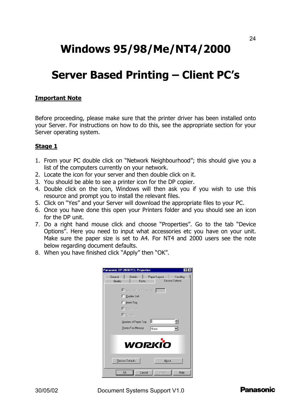 Win 95/98/me server based print - client setup | Panasonic DP2000 User Manual | Page 24 / 44