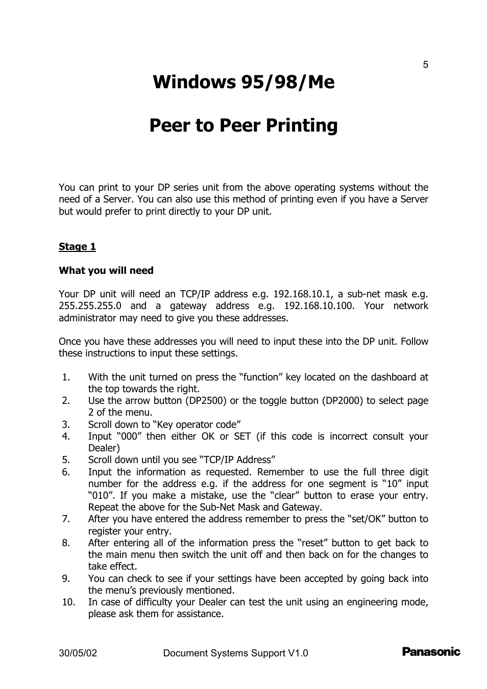 Win95/98me peer to peer printing, Windows 95/98/me peer to peer printing | Panasonic DP2000 User Manual | Page 5 / 44