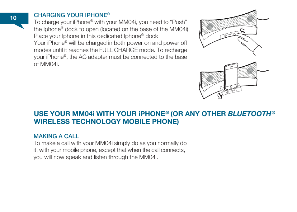 Use your mm04i with your iphone, Or any other bluetooth, Wireless technology mobile phone) | Native Union Honeycomb User Manual | Page 11 / 28