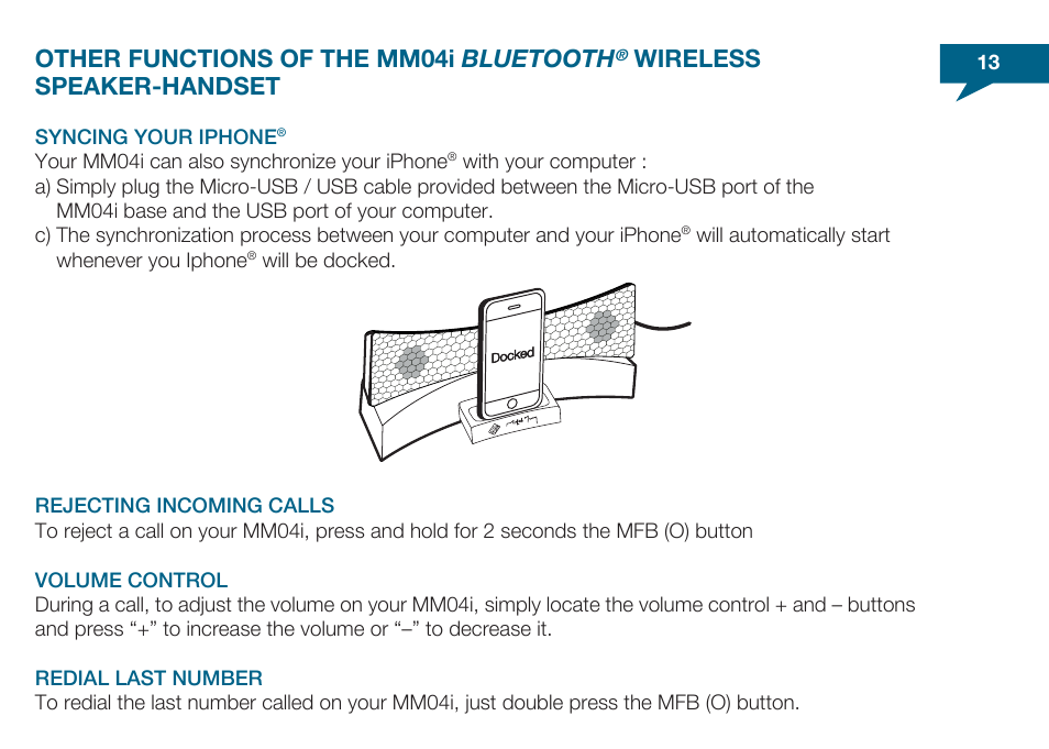 Other functions of the mm04i bluetooth, Wireless speaker-handset | Native Union Honeycomb User Manual | Page 14 / 28