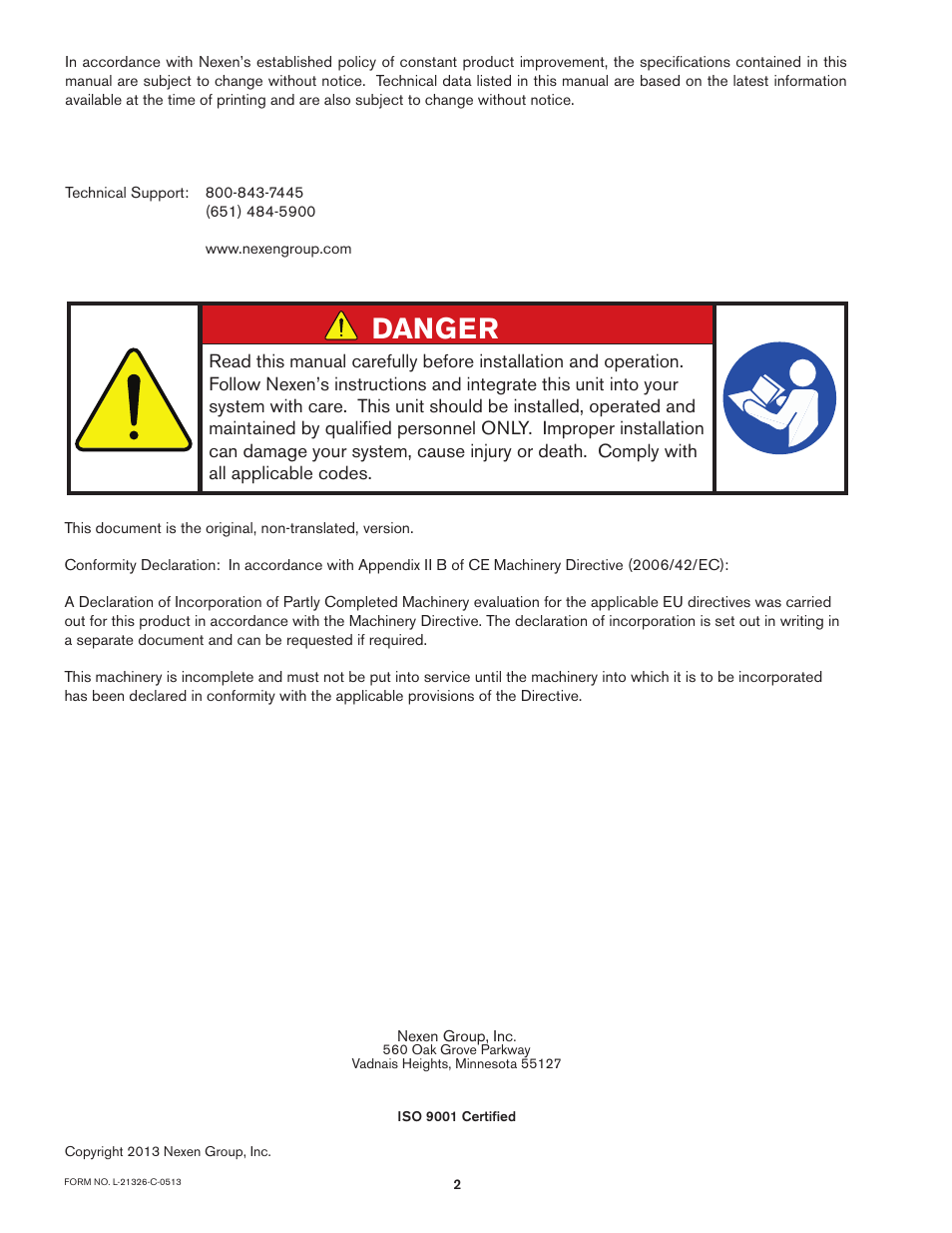 Danger | Nexen RB45B 968192 User Manual | Page 2 / 9