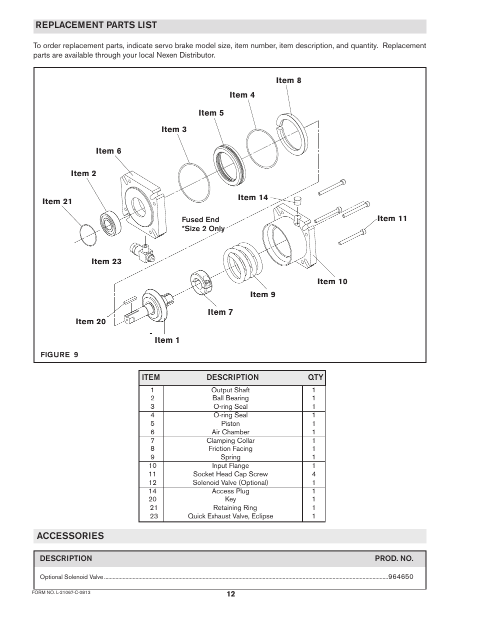 Replacement parts list, Accessories | Nexen SBPA05 964950 User Manual | Page 12 / 13