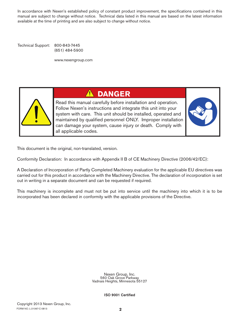 Danger | Nexen SBPA05 964950 User Manual | Page 2 / 13