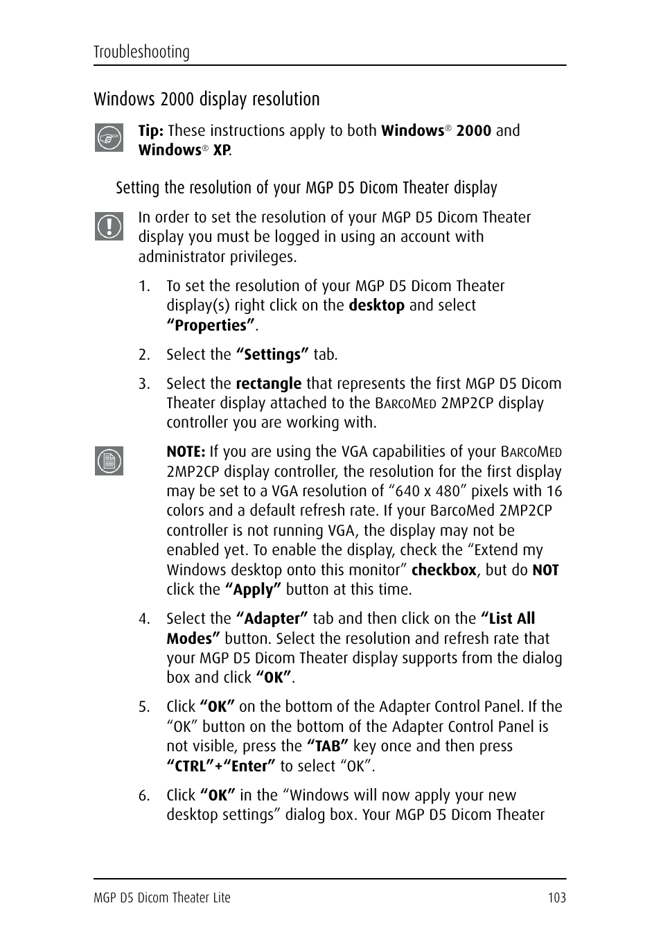 Windows 2000 display resolution, Select the “settings” tab | Barco DICOM THEATER LITE MGP D5 User Manual | Page 102 / 116
