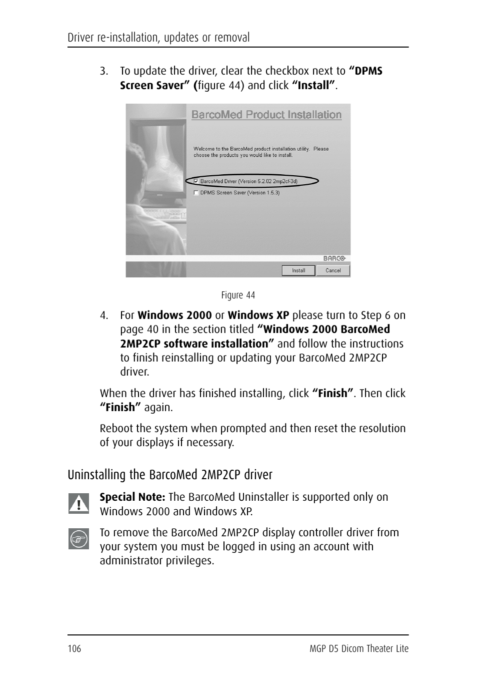Uninstalling the barcomed 2mp2cp driver | Barco DICOM THEATER LITE MGP D5 User Manual | Page 105 / 116