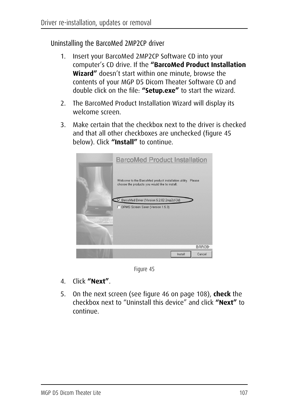 Uninstalling the barcomed 2mp2cp driver, Click “next | Barco DICOM THEATER LITE MGP D5 User Manual | Page 106 / 116