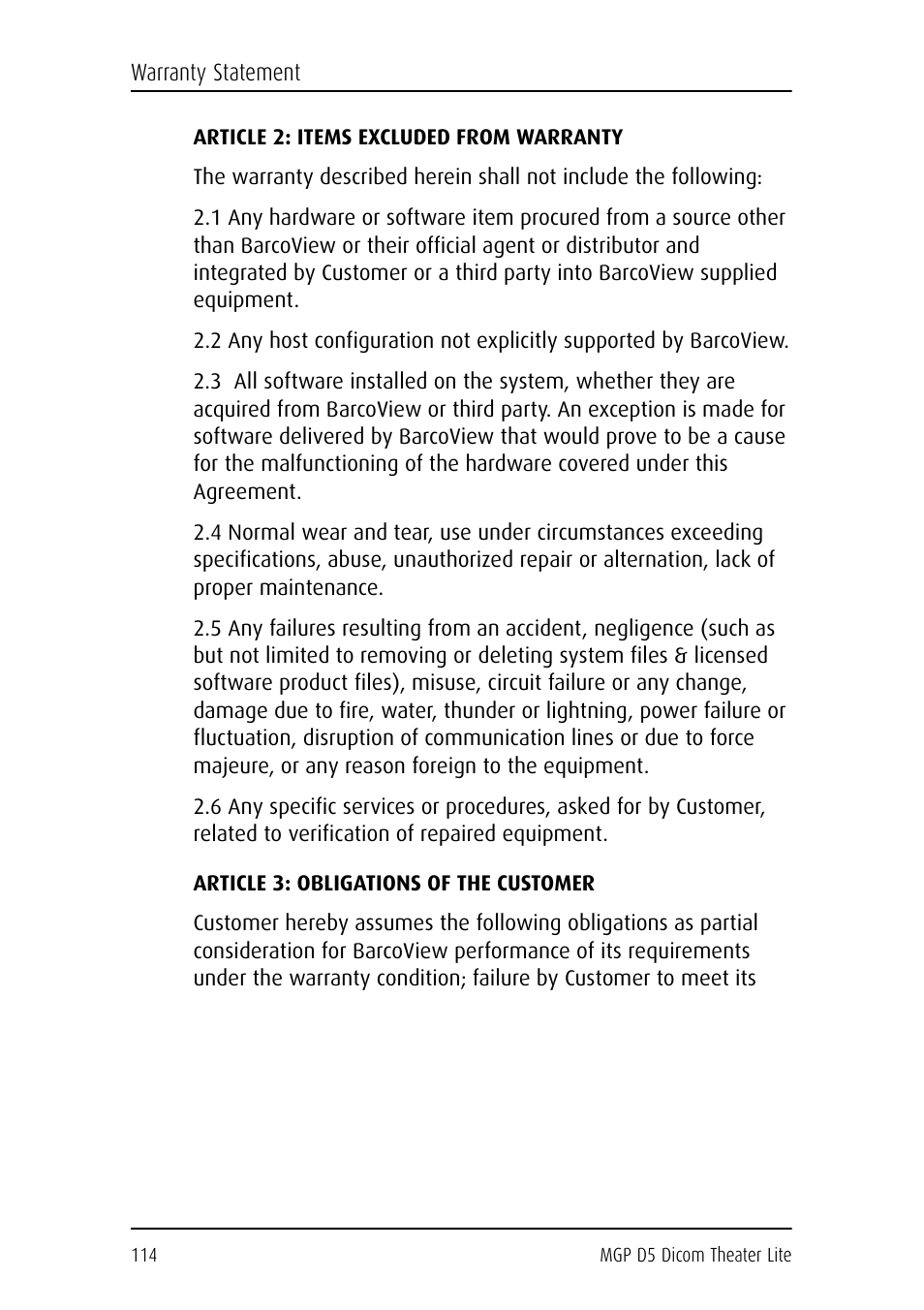 Article 2: items excluded from warranty, Article 3: obligations of the customer | Barco DICOM THEATER LITE MGP D5 User Manual | Page 113 / 116