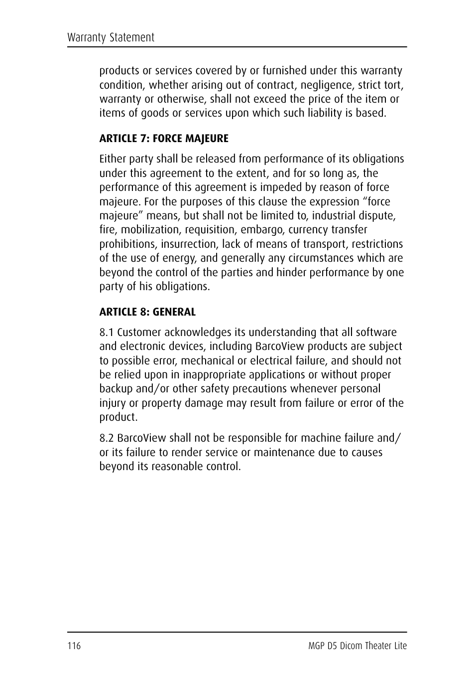 Article 7: force majeure, Article 8: general | Barco DICOM THEATER LITE MGP D5 User Manual | Page 115 / 116