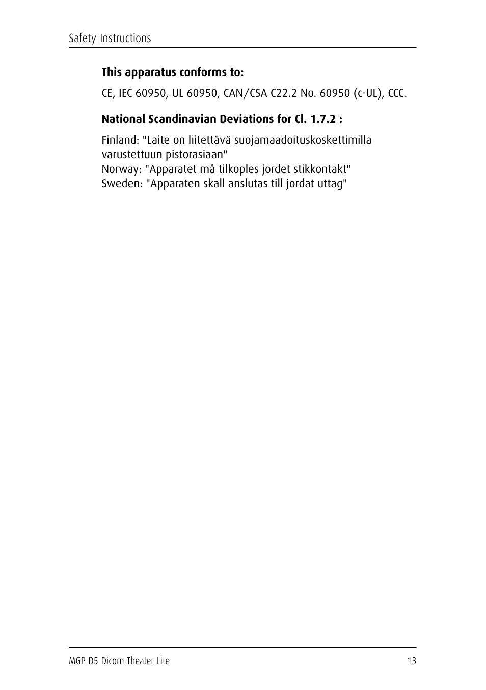 This apparatus conforms to, National scandinavian deviations for cl. 1.7.2 | Barco DICOM THEATER LITE MGP D5 User Manual | Page 12 / 116