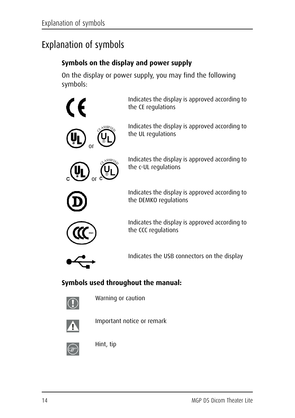 Explanation of symbols, Symbols on the display and power supply, Symbols used throughout the manual | Barco DICOM THEATER LITE MGP D5 User Manual | Page 13 / 116