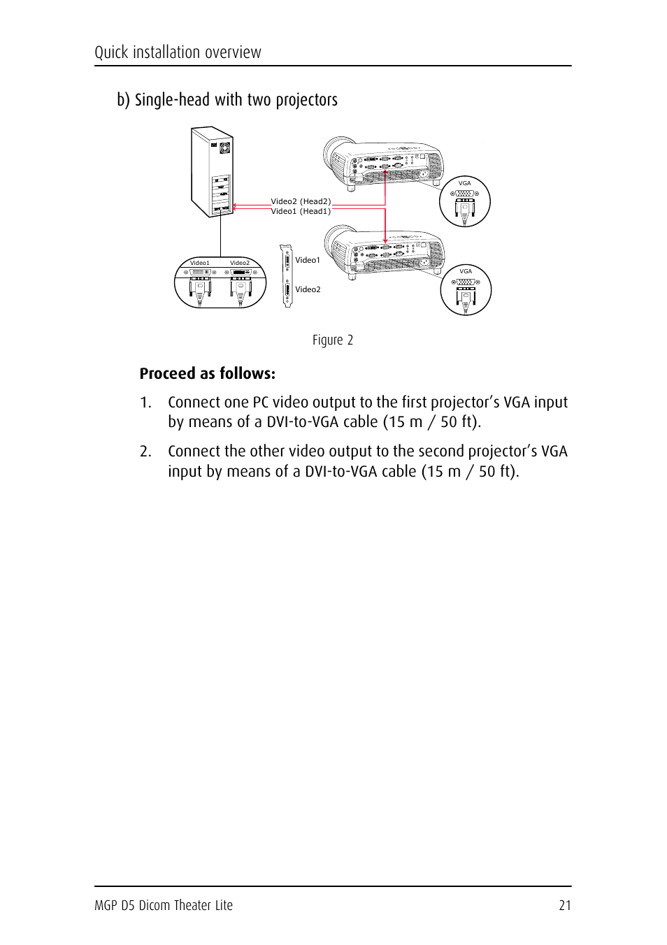 B) single-head with two projectors, Proceed as follows, Quick installation overview | Mgp d5 dicom theater lite 21, Figure 2 | Barco DICOM THEATER LITE MGP D5 User Manual | Page 20 / 116