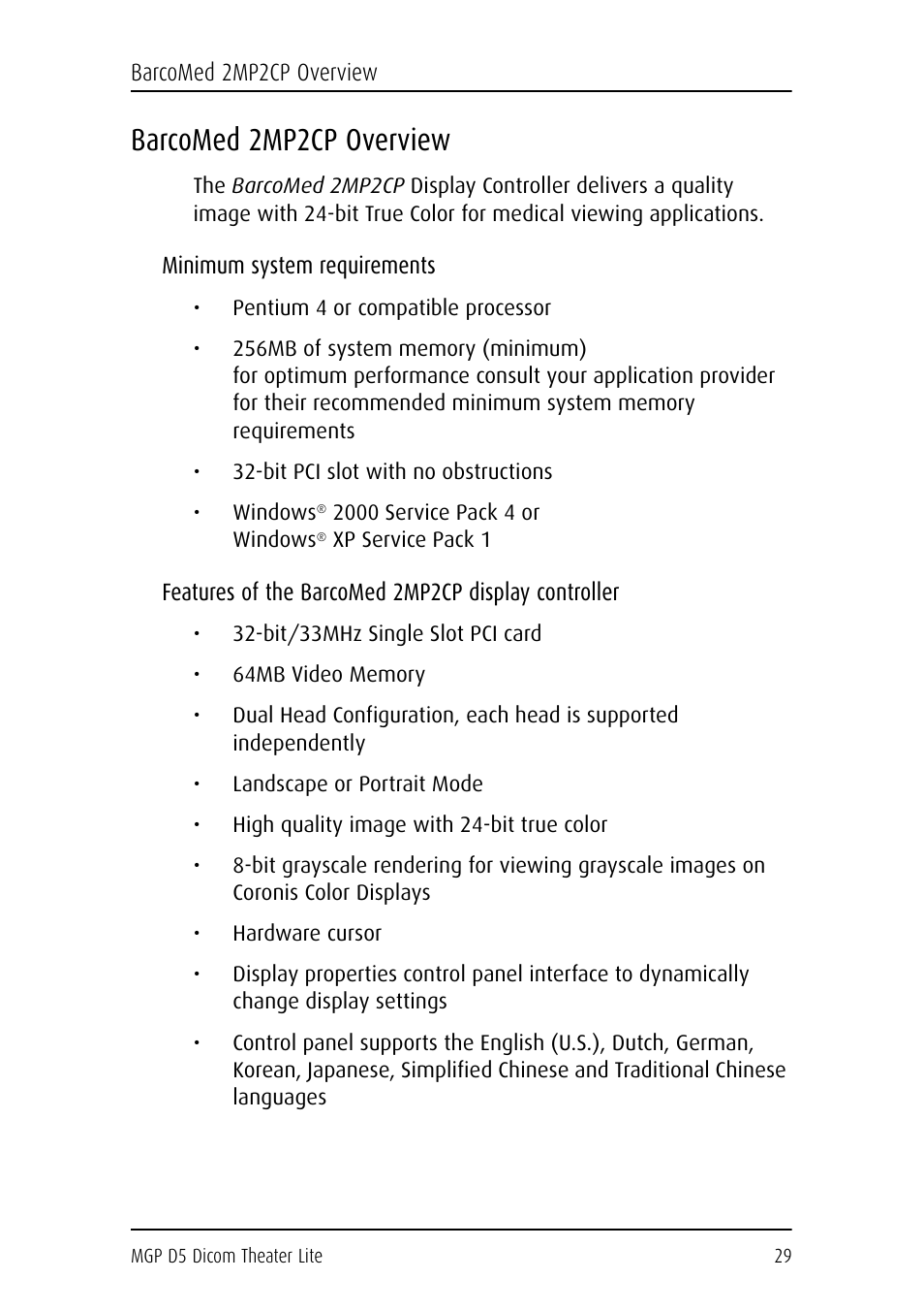 Barcomed 2mp2cp overview, Minimum system requirements, Features of the barcomed 2mp2cp display controller | Barco DICOM THEATER LITE MGP D5 User Manual | Page 28 / 116