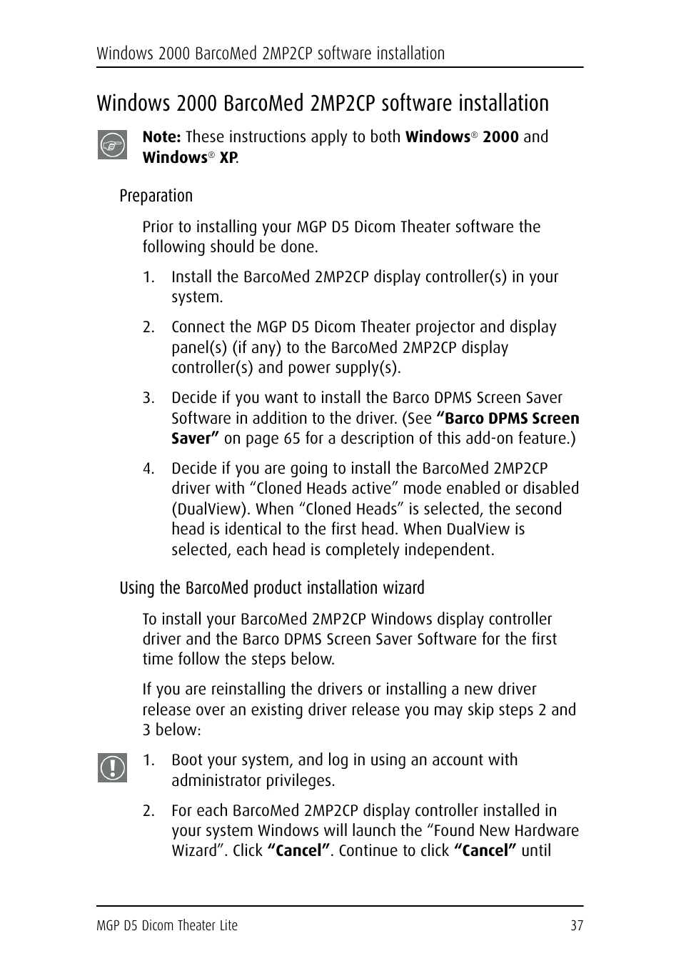 Windows 2000 barcomed 2mp2cp software installation, Preparation, Using the barcomed product installation wizard | Barco DICOM THEATER LITE MGP D5 User Manual | Page 36 / 116