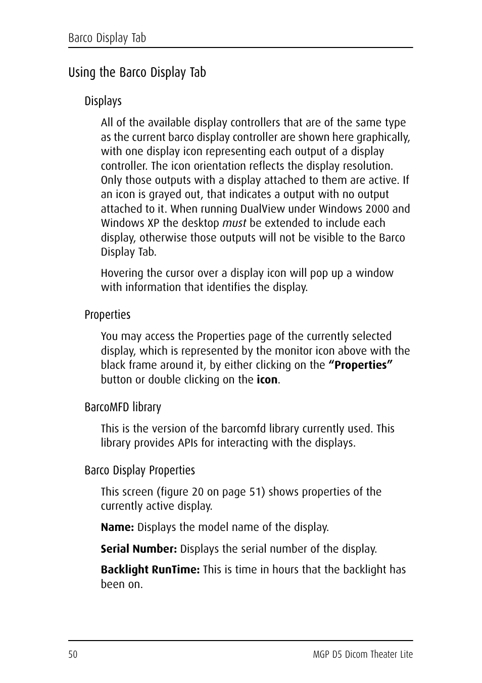 Using the barco display tab, Displays, Properties | Barcomfd library, Barco display properties, Name: displays the model name of the display | Barco DICOM THEATER LITE MGP D5 User Manual | Page 49 / 116