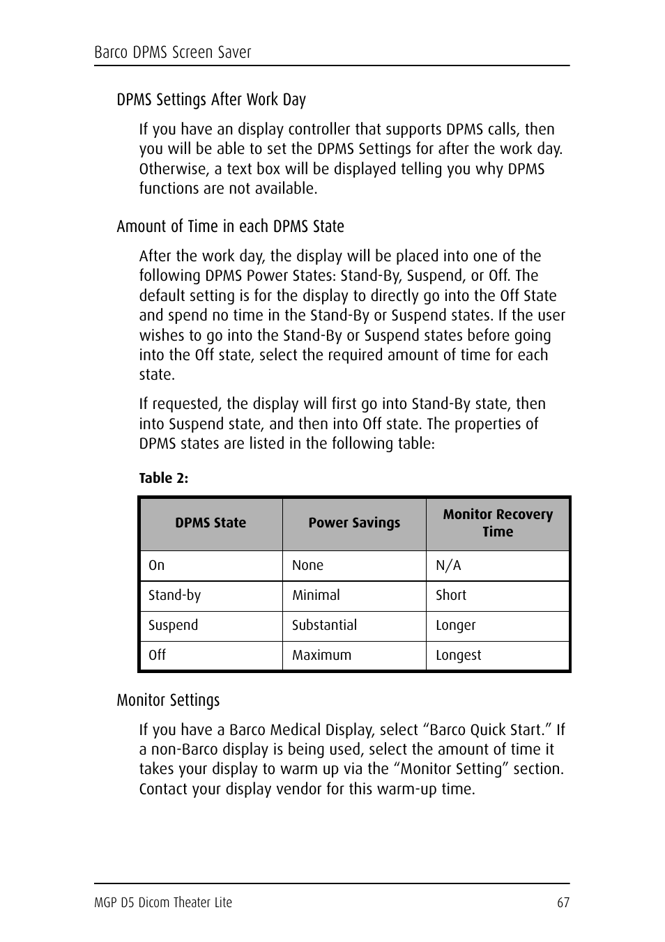 Dpms settings after work day, Amount of time in each dpms state, Table 2 | Monitor settings | Barco DICOM THEATER LITE MGP D5 User Manual | Page 66 / 116