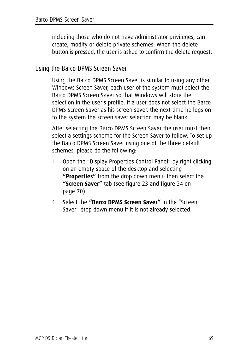 Using the barco dpms screen saver | Barco DICOM THEATER LITE MGP D5 User Manual | Page 68 / 116