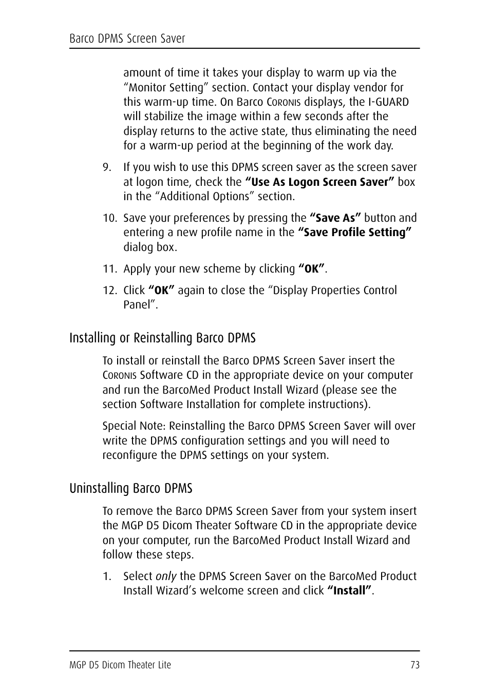 Apply your new scheme by clicking “ok, Installing or reinstalling barco dpms, Uninstalling barco dpms | Barco DICOM THEATER LITE MGP D5 User Manual | Page 72 / 116