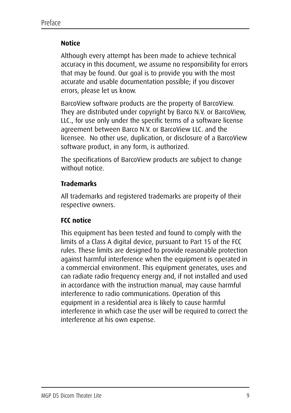 Notice, Trademarks, Fcc notice | Barco DICOM THEATER LITE MGP D5 User Manual | Page 8 / 116