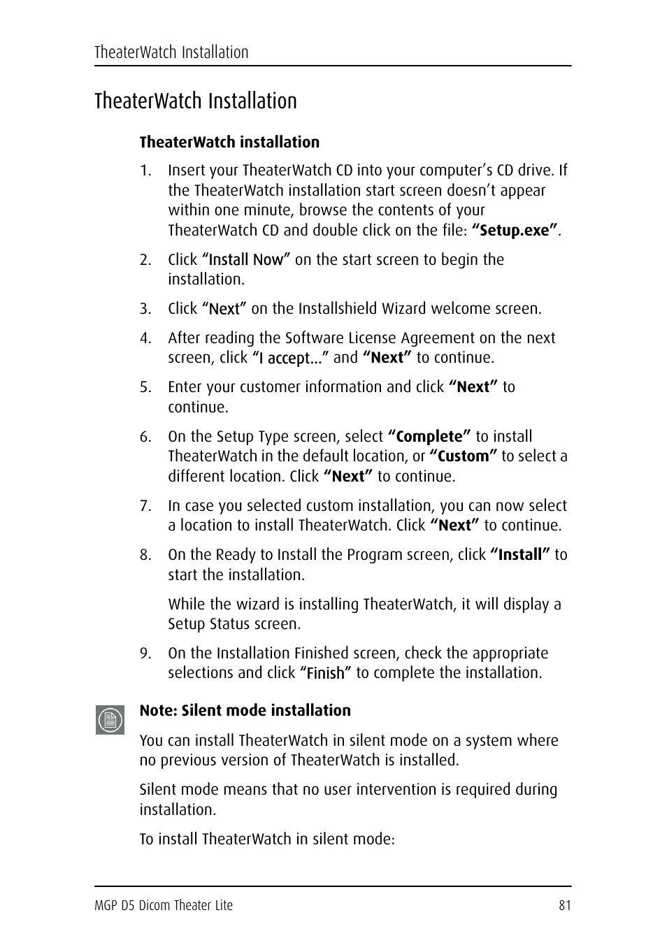Theaterwatch installation, Note: silent mode installation, To install theaterwatch in silent mode | Barco DICOM THEATER LITE MGP D5 User Manual | Page 80 / 116