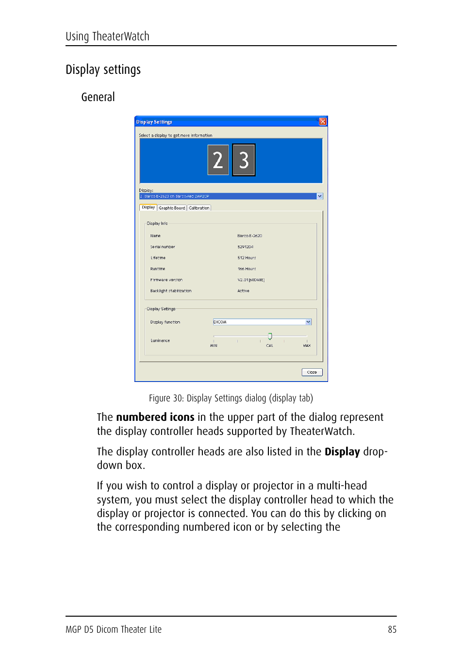 Display settings, General | Barco DICOM THEATER LITE MGP D5 User Manual | Page 84 / 116