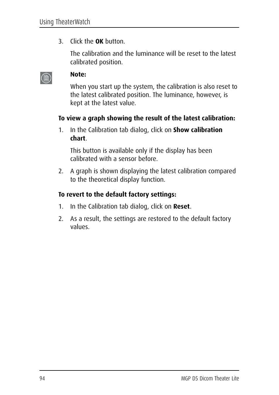Click the ok button, To revert to the default factory settings, In the calibration tab dialog, click on reset | Barco DICOM THEATER LITE MGP D5 User Manual | Page 93 / 116