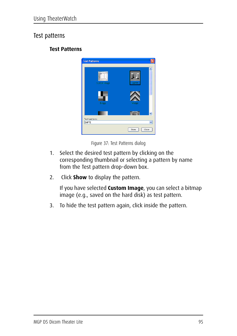 Test patterns, Click show to display the pattern | Barco DICOM THEATER LITE MGP D5 User Manual | Page 94 / 116