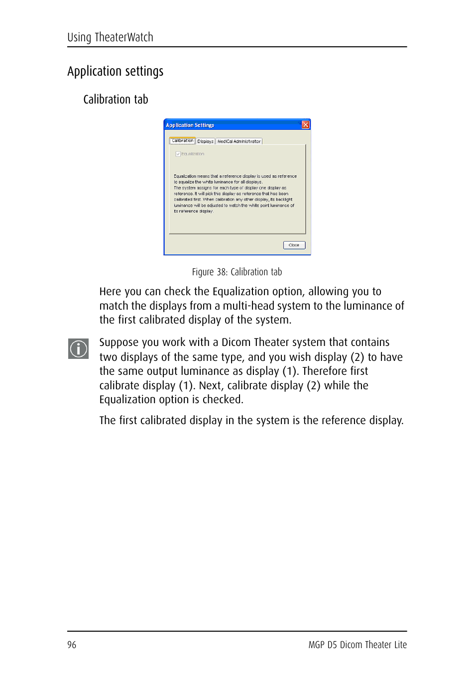 Application settings, Calibration tab | Barco DICOM THEATER LITE MGP D5 User Manual | Page 95 / 116