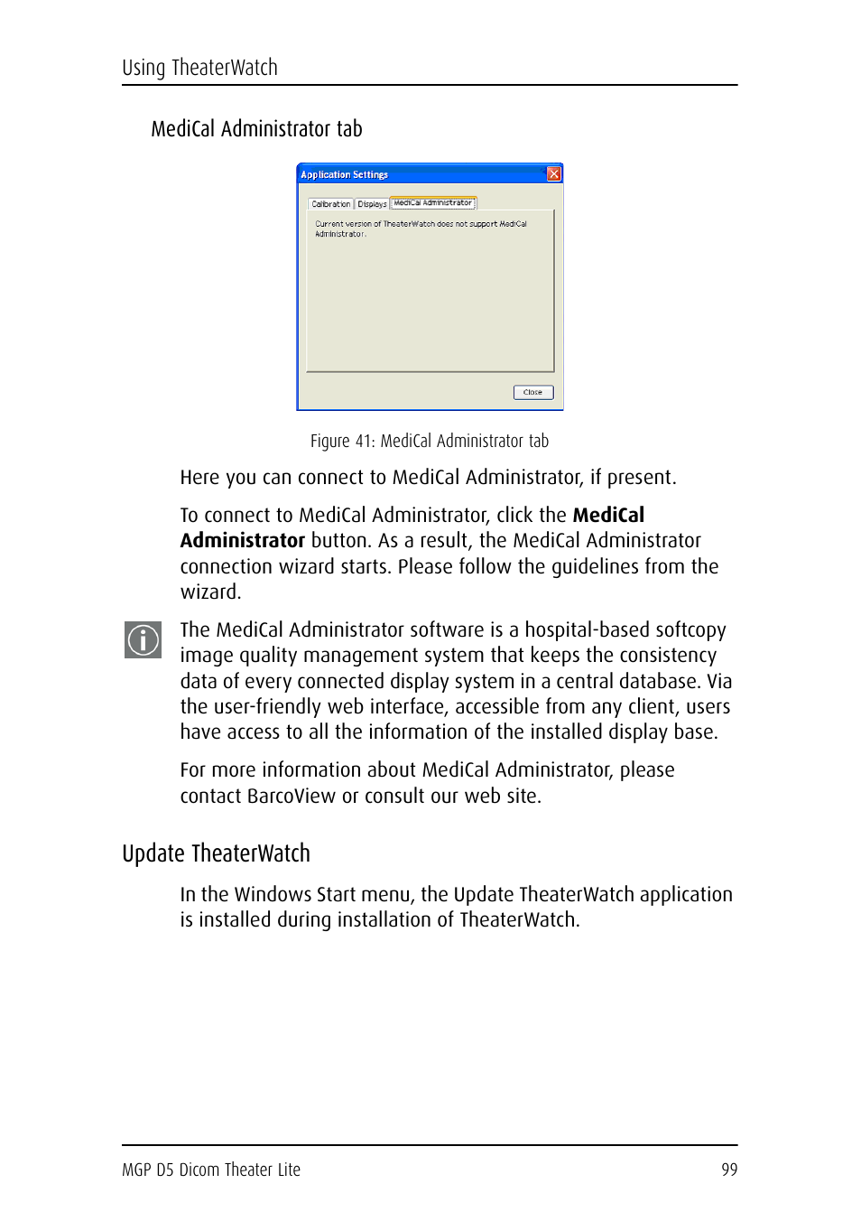 Medical administrator tab, Update theaterwatch | Barco DICOM THEATER LITE MGP D5 User Manual | Page 98 / 116