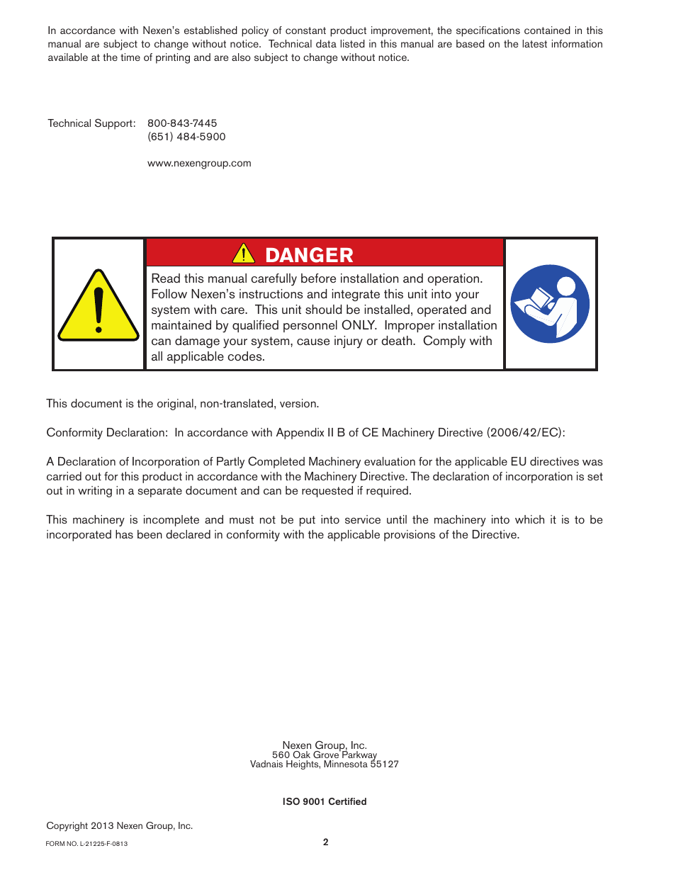 Danger | Nexen BSB07 965040 User Manual | Page 2 / 13