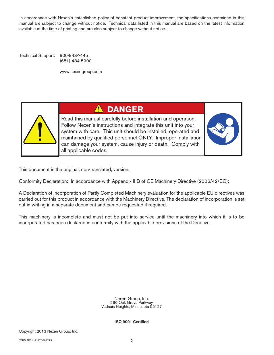 Danger | Nexen HG25 969043 User Manual | Page 2 / 7