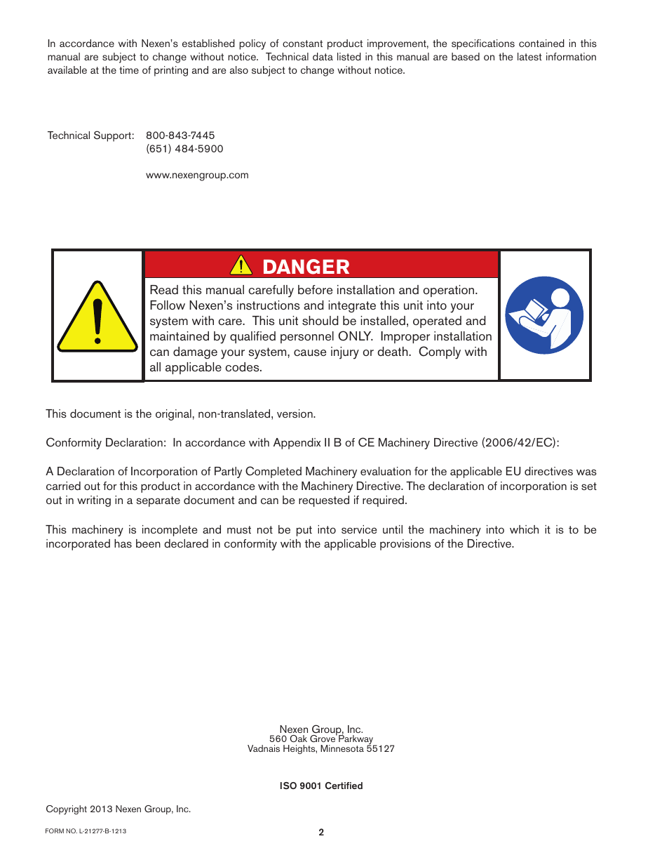 Danger | Nexen HGP25 969053 User Manual | Page 2 / 16