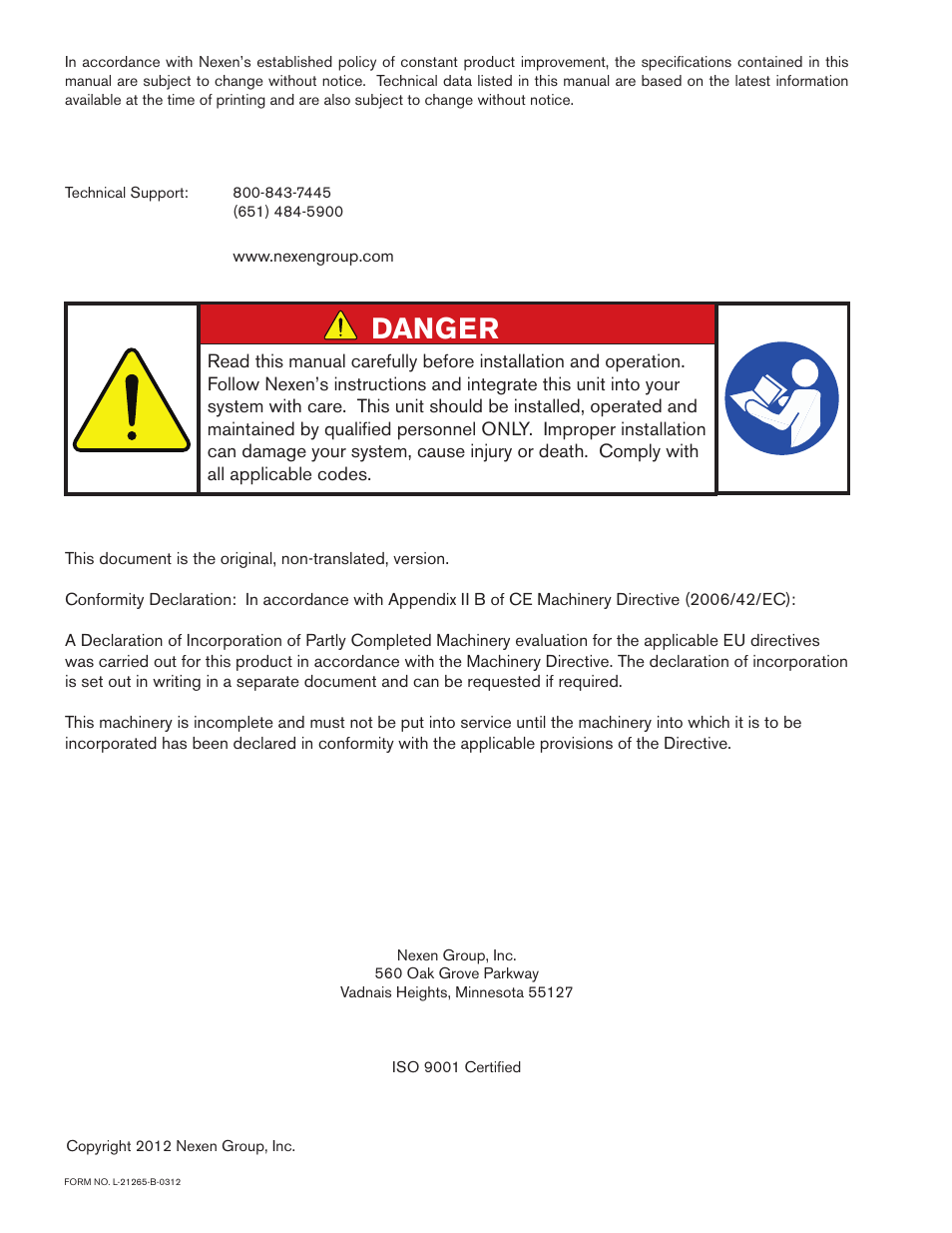 Danger | Nexen PRD750 966901 User Manual | Page 2 / 10