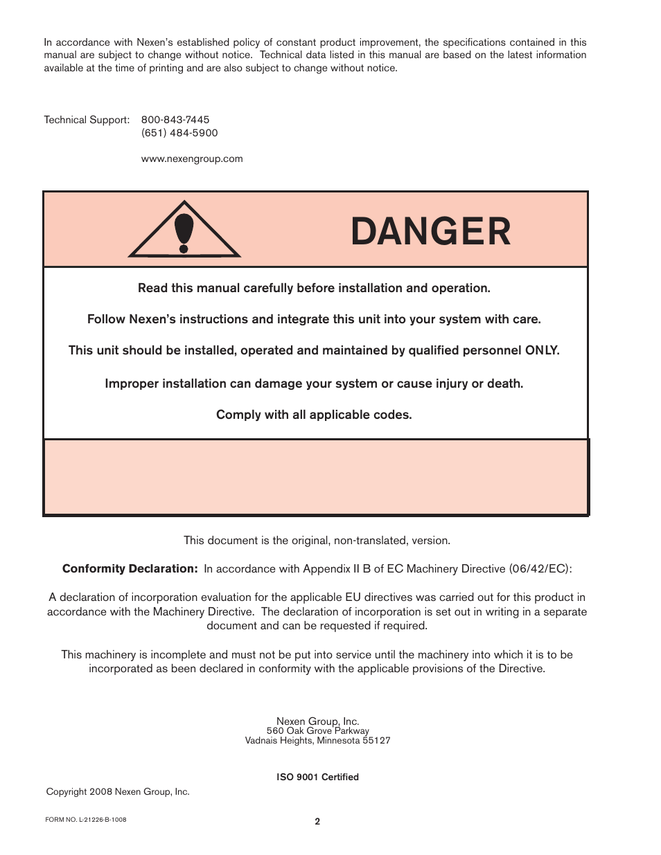 Danger | Nexen I300 965502 User Manual | Page 2 / 9