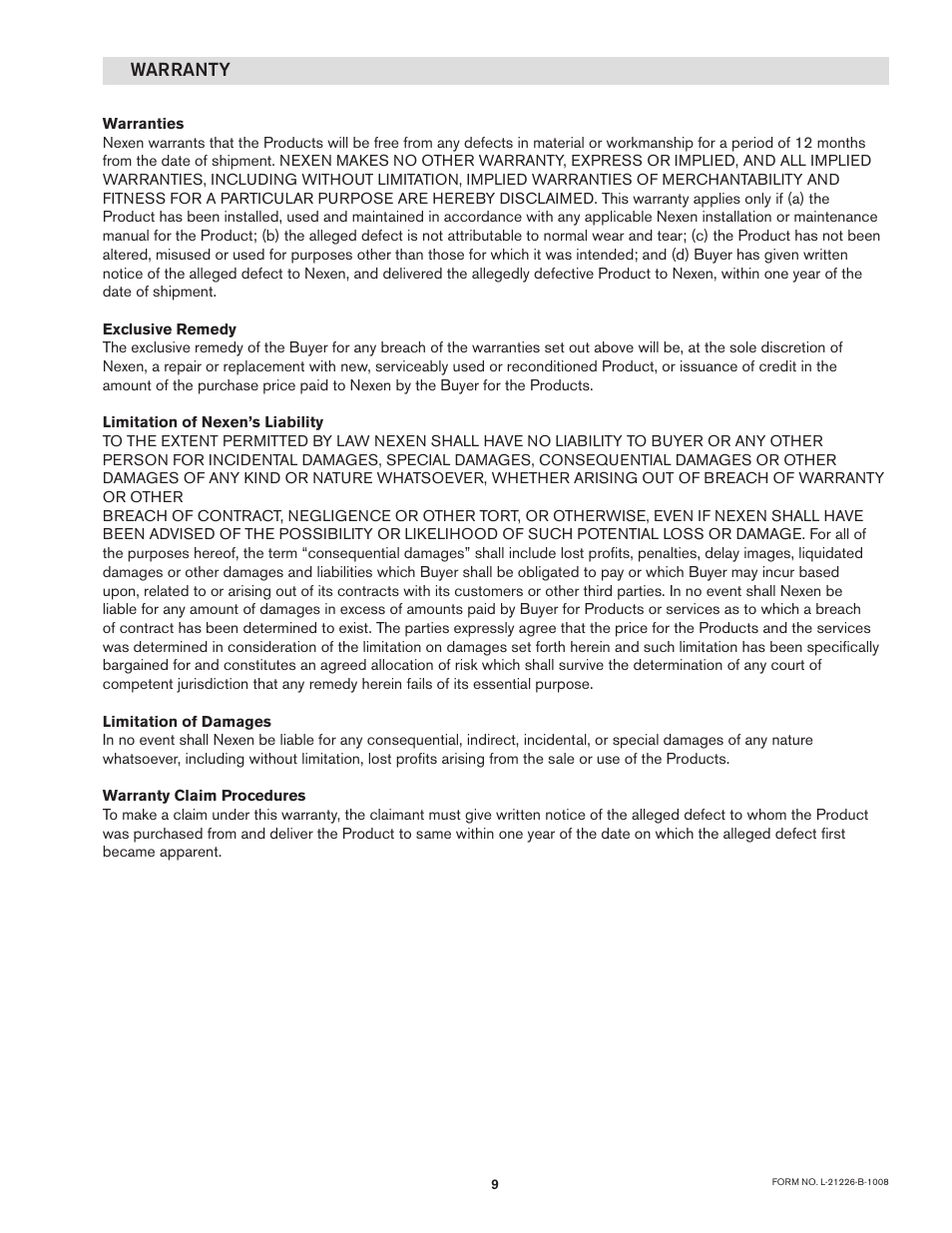 Warranty | Nexen I300 965502 User Manual | Page 9 / 9
