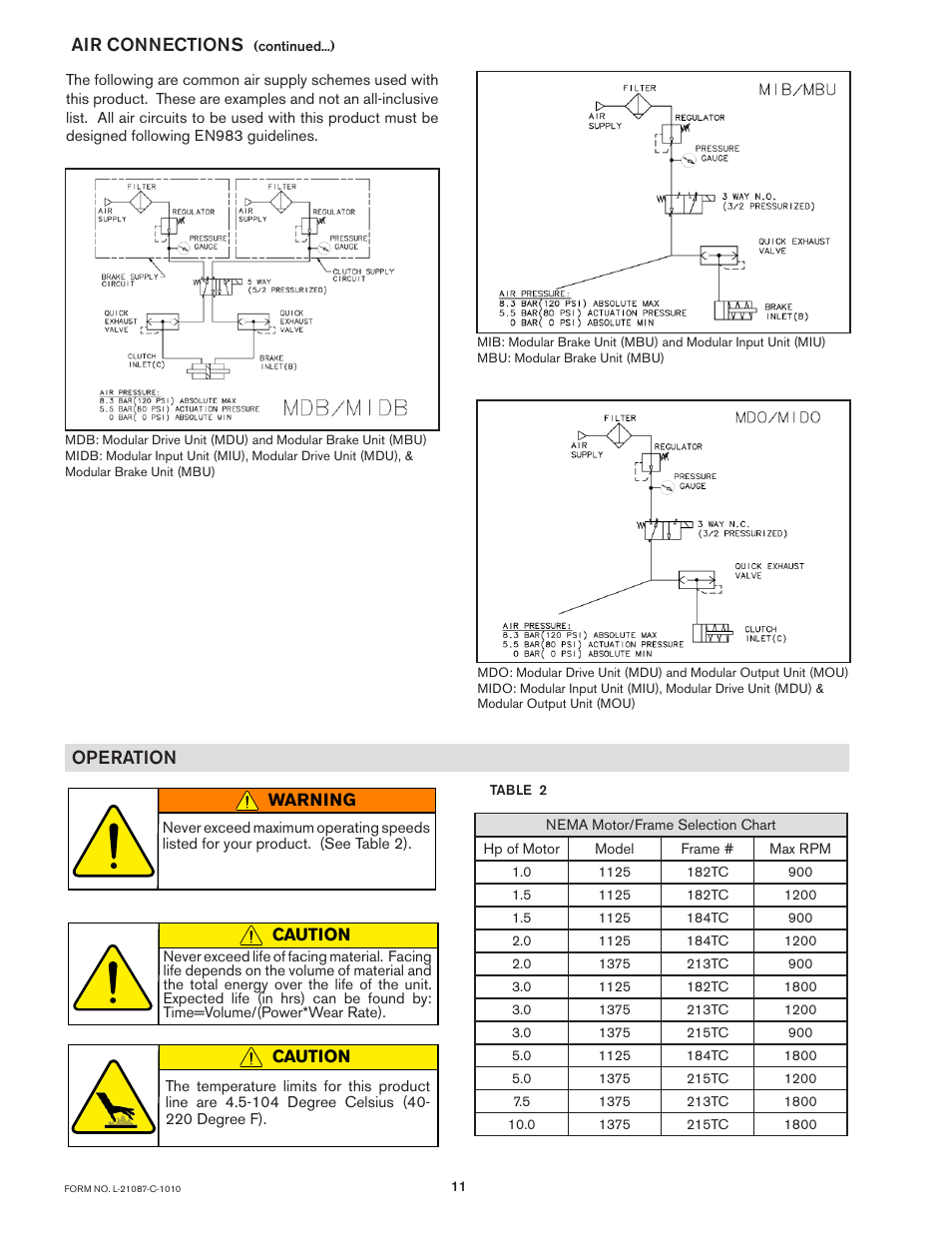 Air connections, Operation | Nexen MBU-1125 937300 User Manual | Page 11 / 24