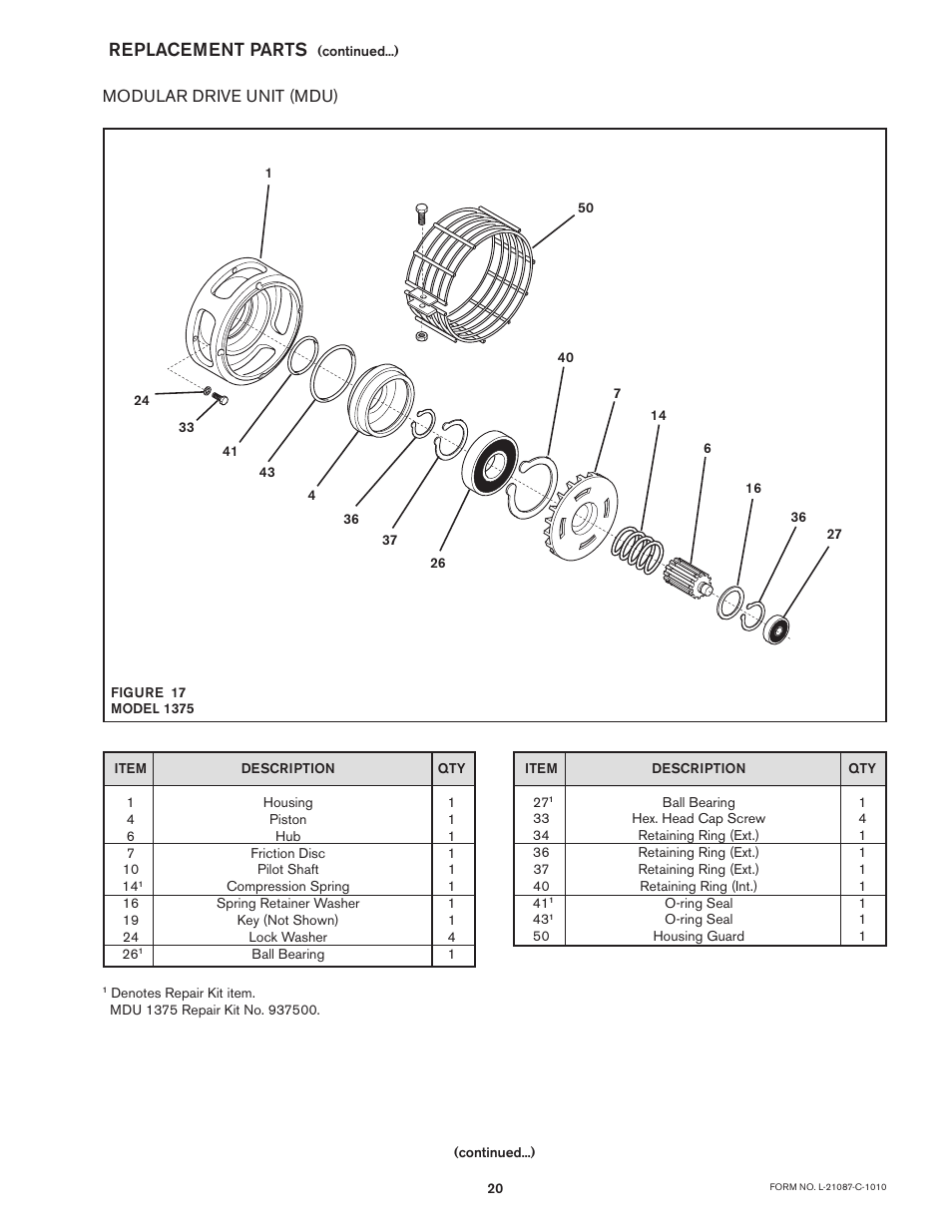 Replacement parts | Nexen MBU-1125 937300 User Manual | Page 20 / 24