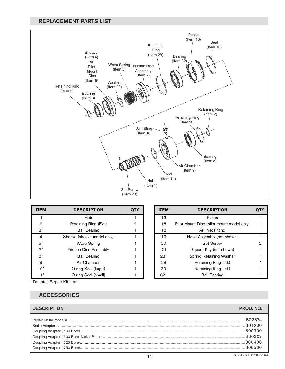 Replacement parts list, Accessories | Nexen B-275 802874 User Manual | Page 11 / 12